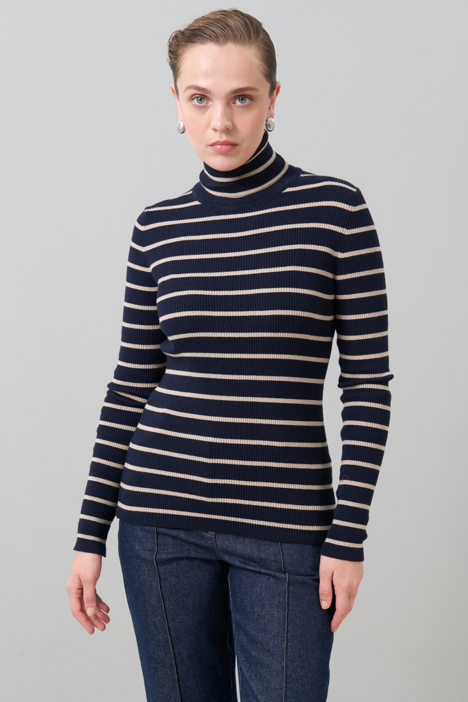 Balıkçı Yaka Çizğili Yün Triko Lacivert - Bej - 1
