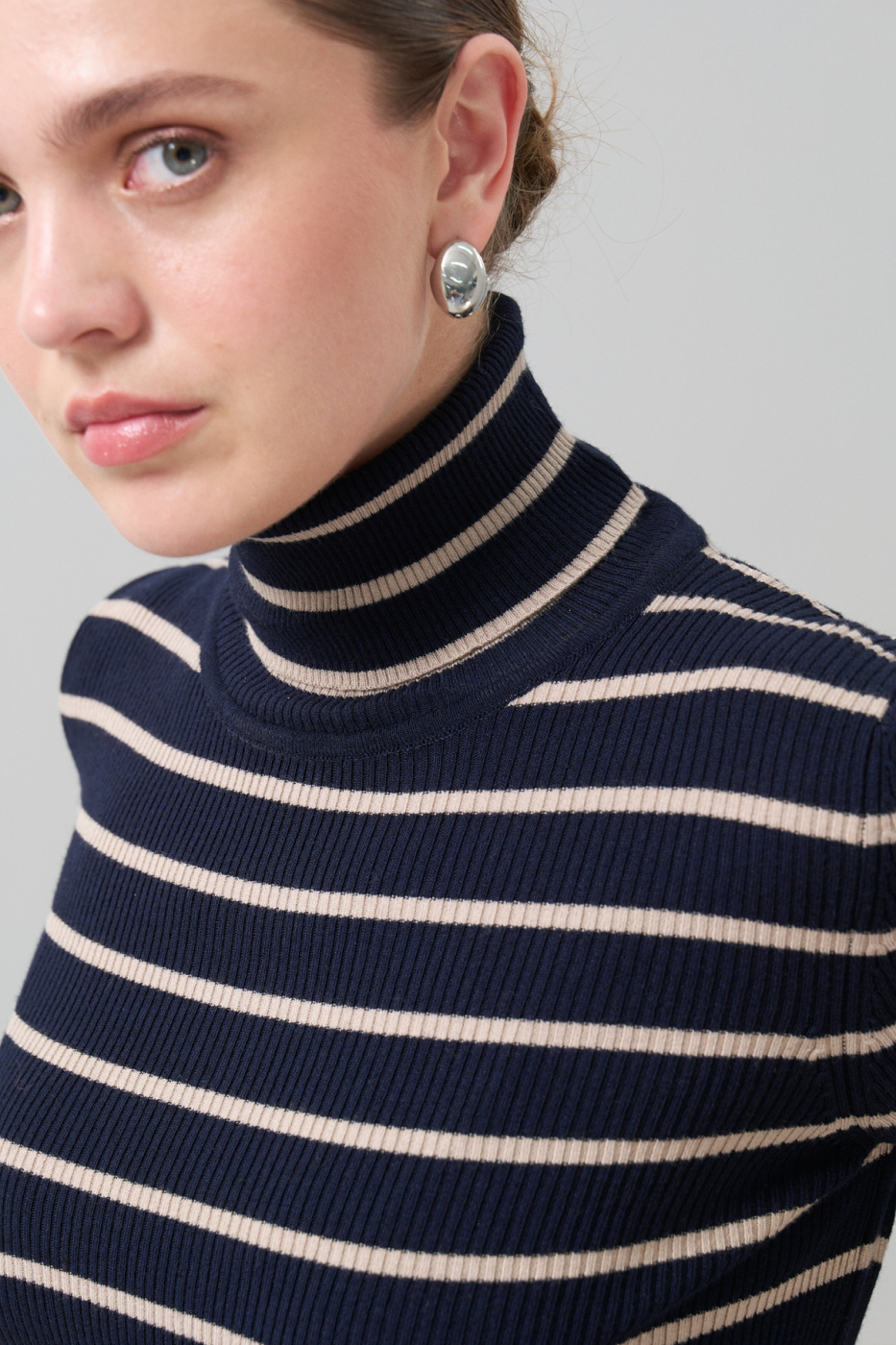 Balıkçı Yaka Çizğili Yün Triko Lacivert - Bej - 3