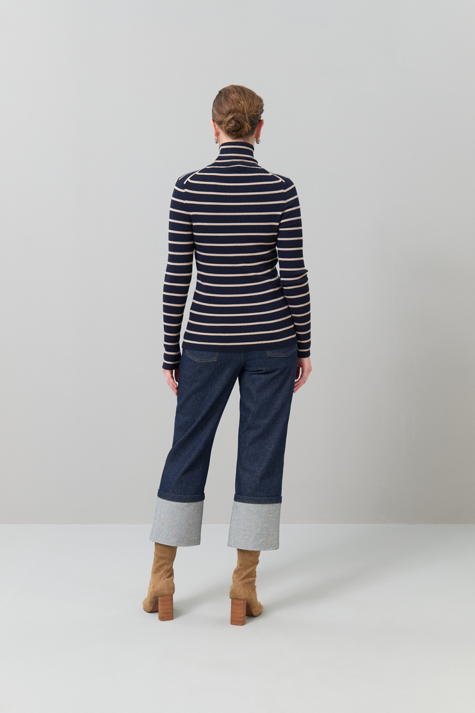 Balıkçı Yaka Çizğili Yün Triko Lacivert - Bej - 2