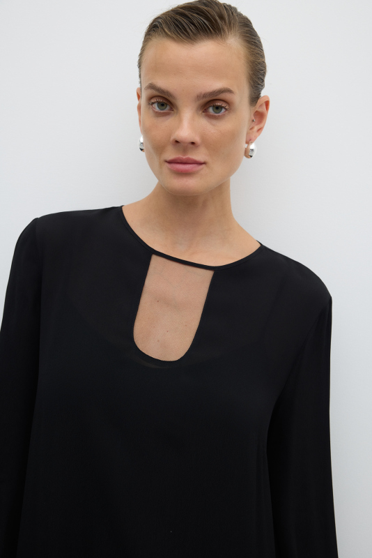 Yırtmaçlı Kolları Otriş Detaylı Elbise Siyah - 4