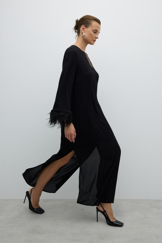 Yırtmaçlı Kolları Otriş Detaylı Elbise Siyah - 3