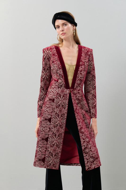 İşlemeli Kadife Kaftan Bordo 