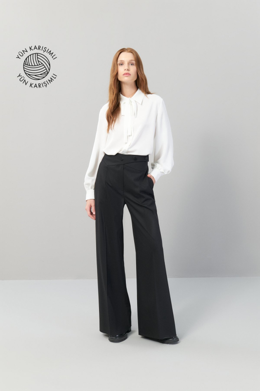 Düğme Detaylı Geniş Paça Yün Pantolon Siyah - Roman