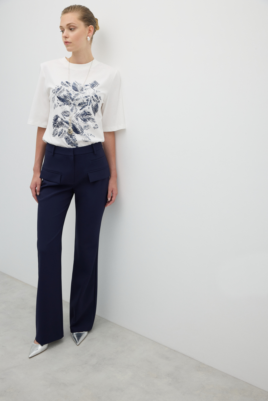 Süs Cep Kapaklı Geniş Paça Pantolon Lacivert - 5