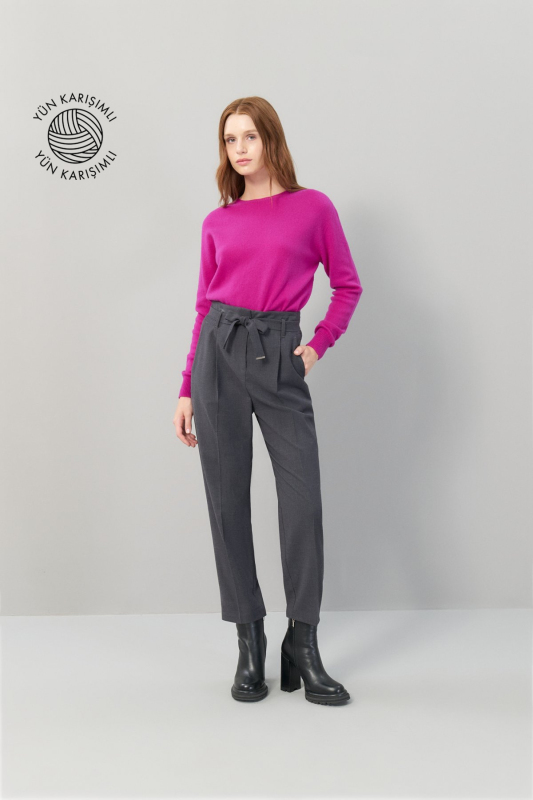 Beli Bağlama Detaylı Pileli Yün Pantolon Koyu Gri - 1