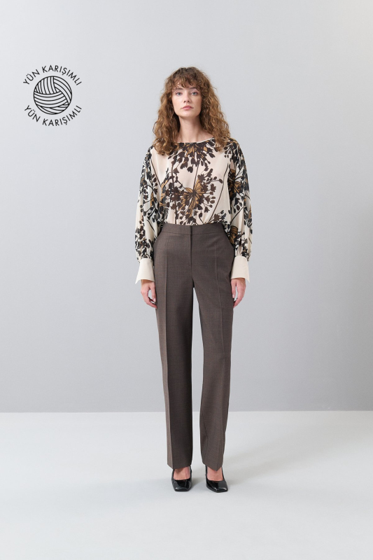 Ekose Desenli Düz Paça Yün Pantolon Kahve - 1