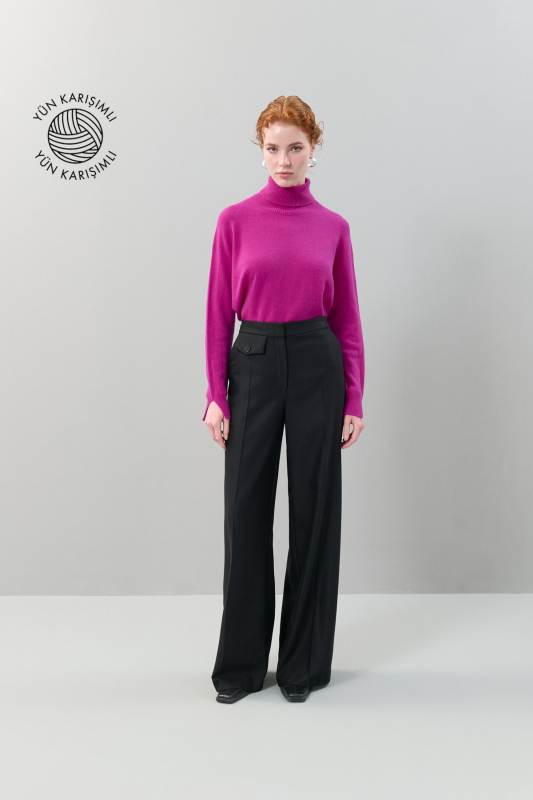Düz Paça Yün Pantolon Siyah - 1