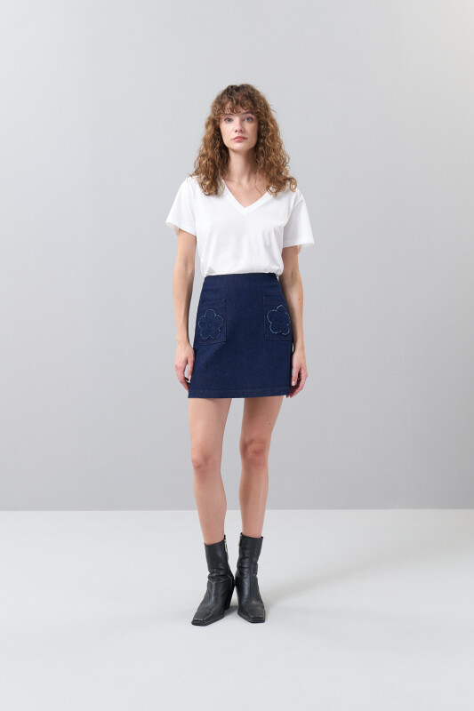 Papatya Motifli Mini Denim Etek Lacivert - Roman