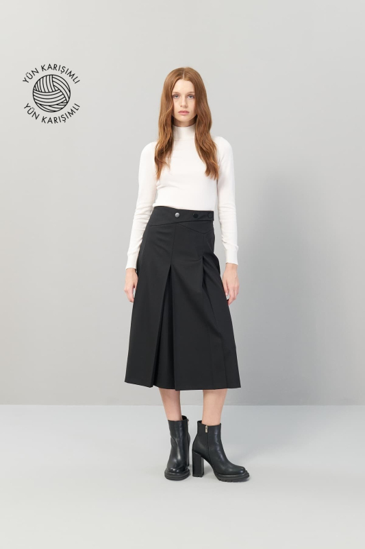 Pileli Midi Boy Yün Etek Siyah - 1