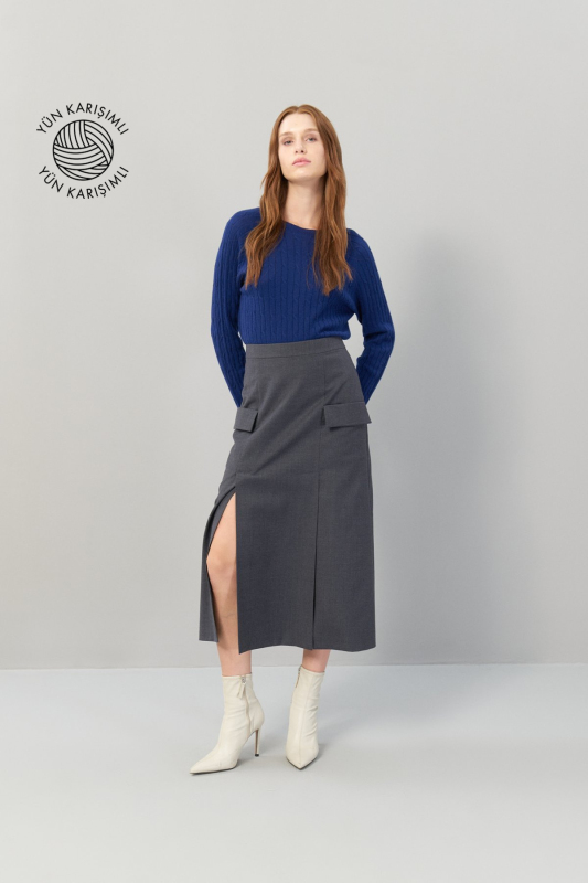 Yün Yırtmaçlı Midi Boy Etek Koyu Gri - Roman