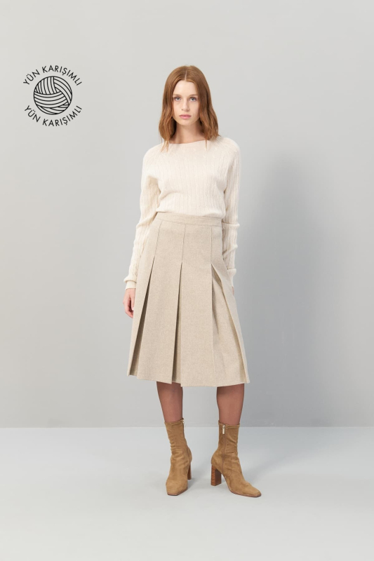 Pileli Midi Boy Yün Etek Bej - Roman