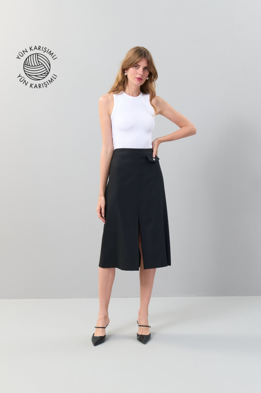 Yırtmaçlı Midi Boy Yün Etek Siyah - 1