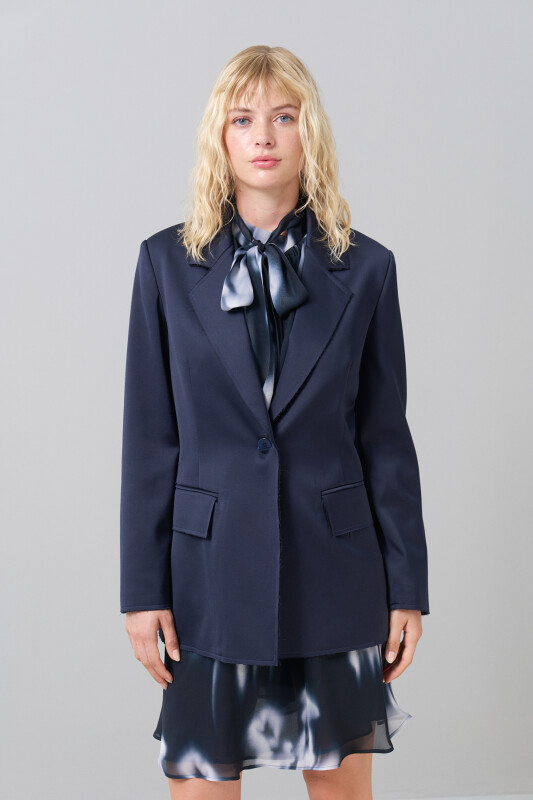 Tek Düğmeli Erkek Yaka Blazer Ceket Lacivert - Roman