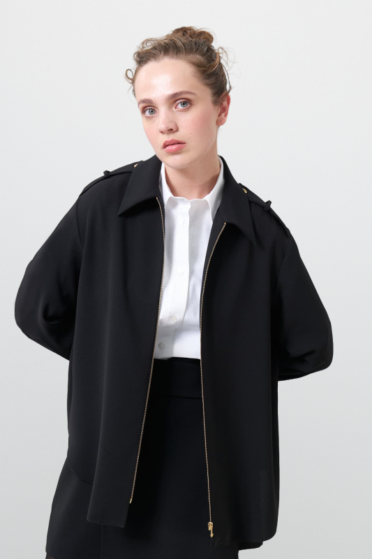 Apoletli Fermuarlı Gömlek Siyah - Roman