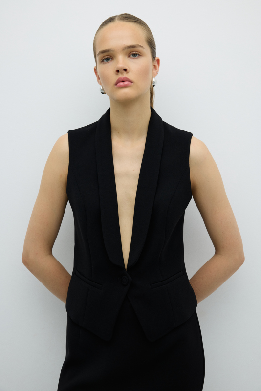 V Yaka Düğmeli Yelek Siyah - Roman