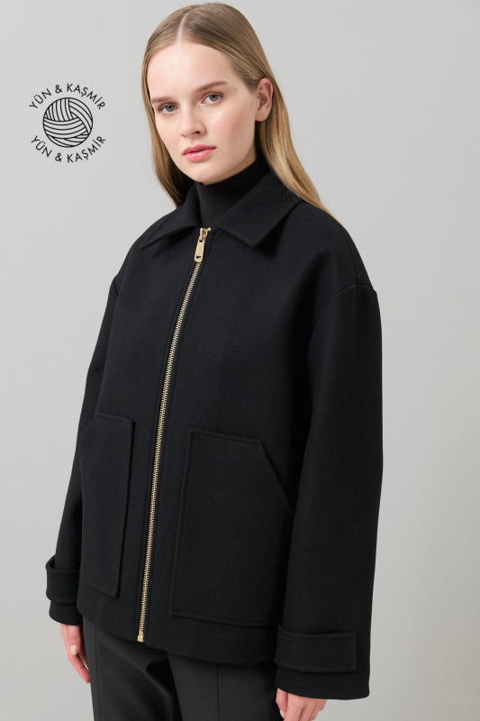 Kaşmir ve Yün Karışımlı Çift Cepli Fermuarlı Mont Siyah - 1