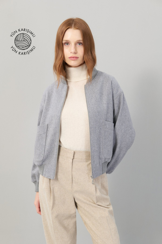 Kaşmir ve Yün Karışımlı Çift Cepli Fermuarlı Mont Gri - 1