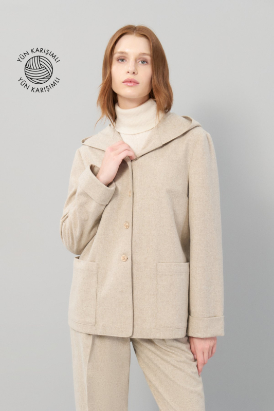 Kapüşonlu Çift Cepli Yün Kaban Bej - 1