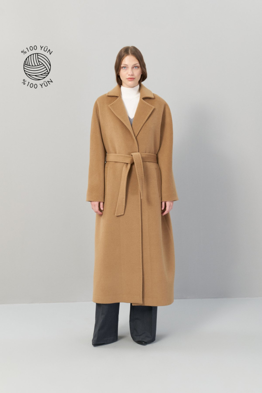 Beli Bağlamalı Dokuma Midi Boy %100 Yün Kaban Taba - 1