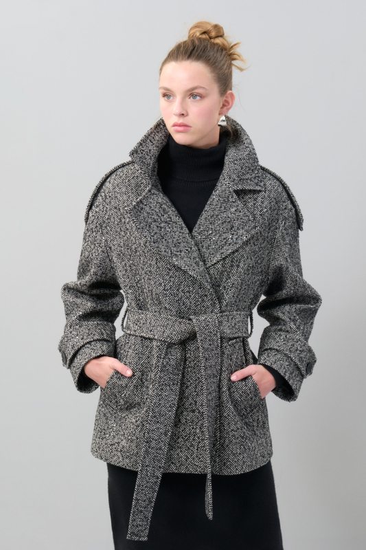 Kruvaze Yaka Beli Bağlama Detaylı Kısa Yün Kaban Standart Renk - Roman