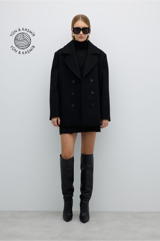 Kaşmir ve Yün Karışımlı Kruvaze Kaban Siyah - Roman