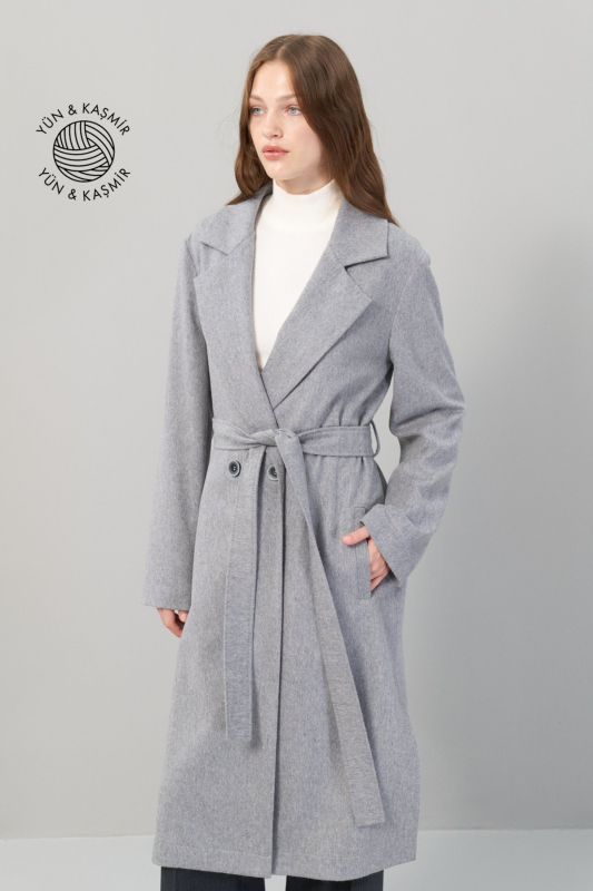 Kaşmir ve Yün Karışımlı Beli Kuşak Detaylı Kaban Gri - 1