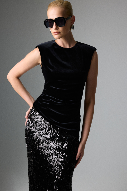 Vatka ve Drape Detaylı Yırtmaçlı Elbise Siyah - 5