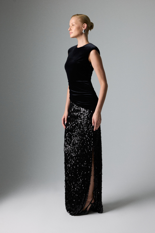 Vatka ve Drape Detaylı Yırtmaçlı Elbise Siyah - 6