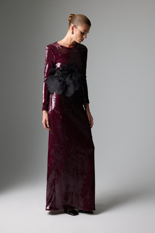 Beli Kuşaklı Maksi Boy Payet Elbise Vişne - 3