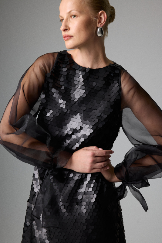 Organze Balon Kollu Mini Elbise Siyah - 4