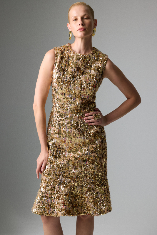 Bisiklet Yaka Midi Boy Payet Elbise Gold - 3