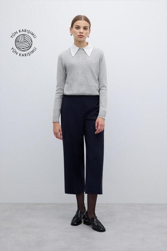 Yün Karışımlı Düz Paça Pantolon Lacivert - Roman