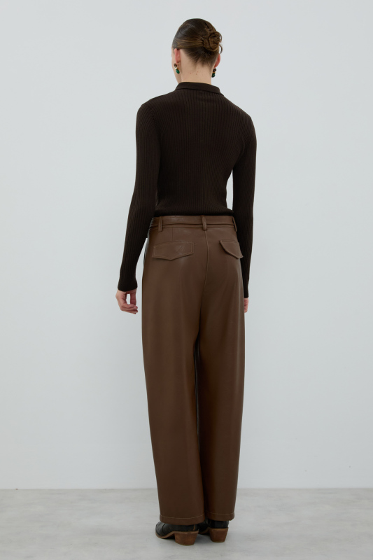 Beli Kemerli Düz Paça Pantolon Kahve - 2