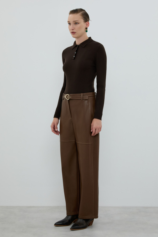 Beli Kemerli Düz Paça Pantolon Kahve - 3