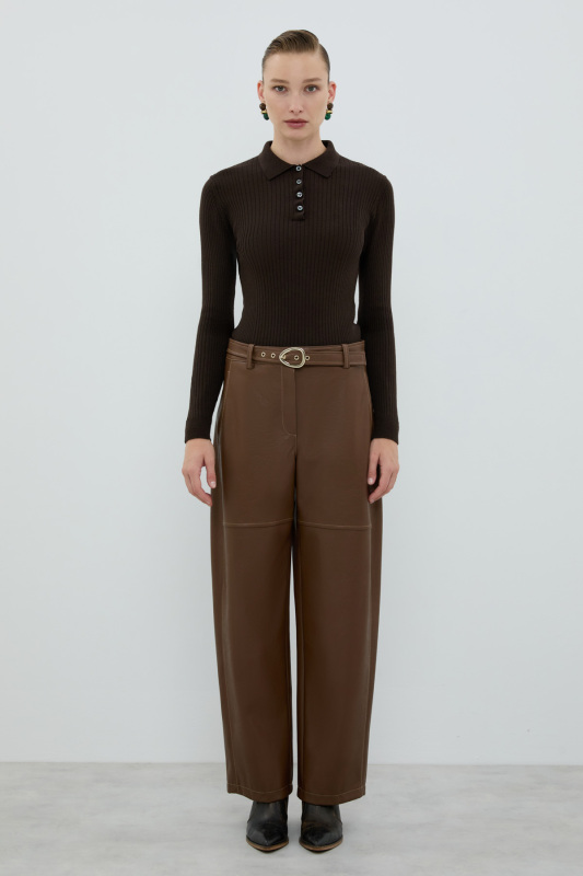 Beli Kemerli Düz Paça Pantolon Kahve - 1