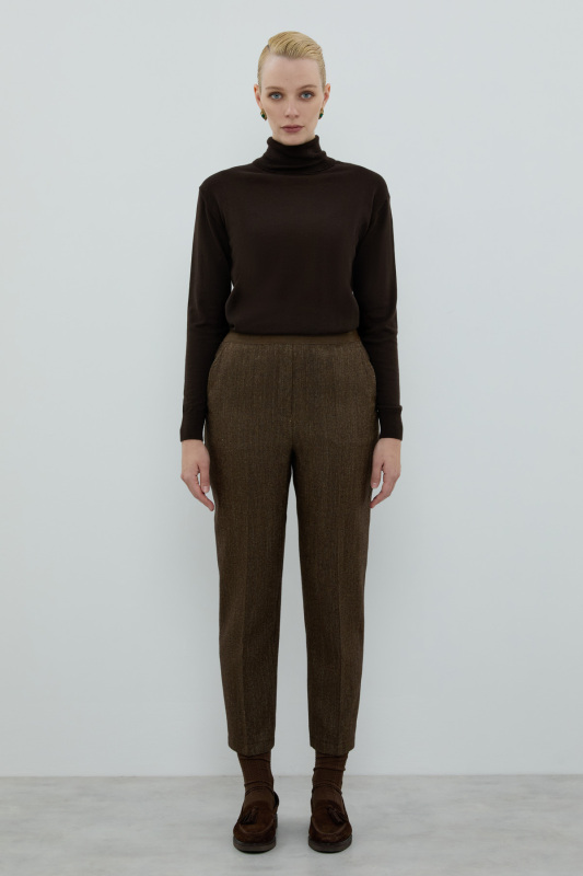 Yün Karışımlı Beli Lastikli Düz Paça Pantolon Kahve - Roman