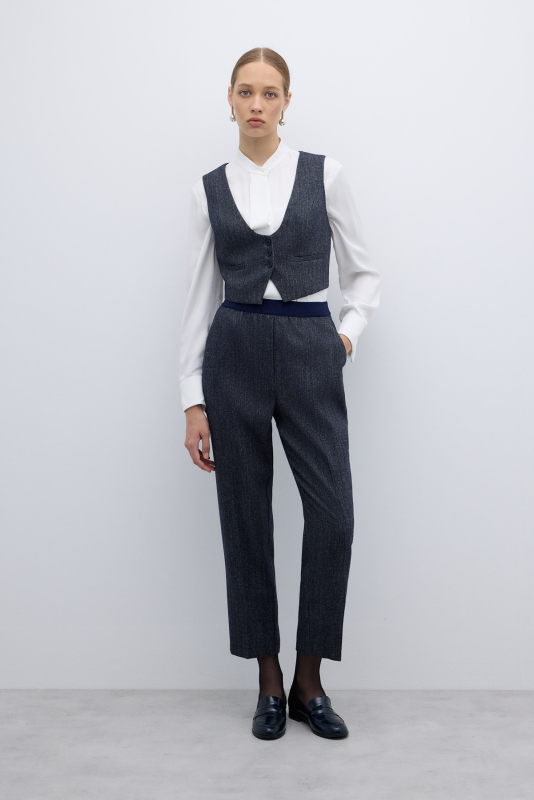 Yün Karışımlı Beli Lastikli Düz Paça Pantolon Lacivert 