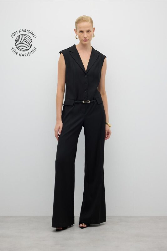 Çıkarılabilir Kemer Detaylı Geniş Paça Tulum Siyah - Roman