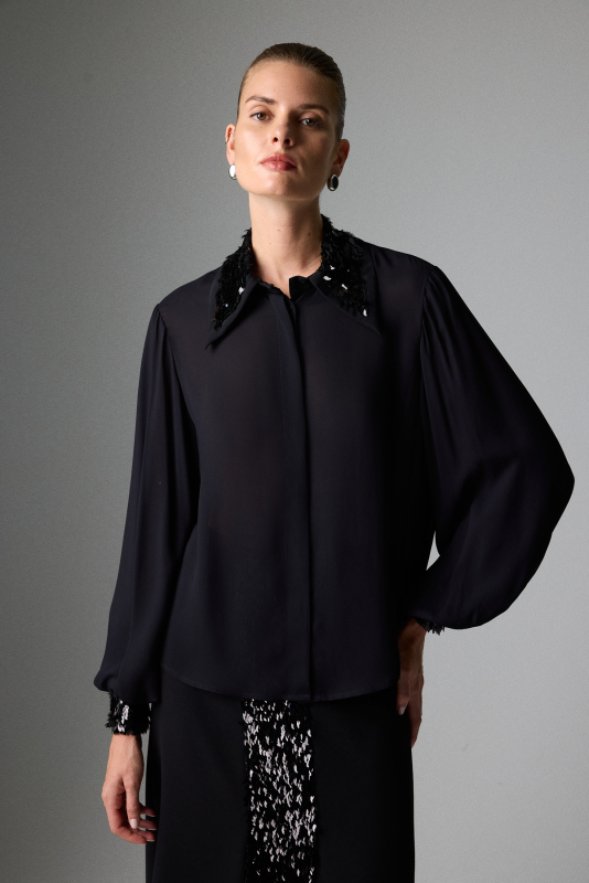 Payet Detaylı Balon Kol Gömlek Siyah - Roman