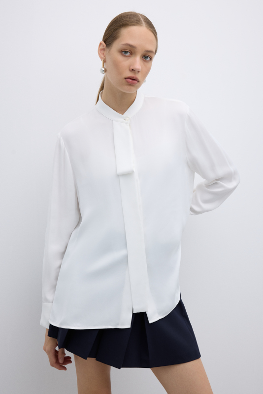 Kendinden Fularlı Hakim Yaka Gömlek Ekru - Roman