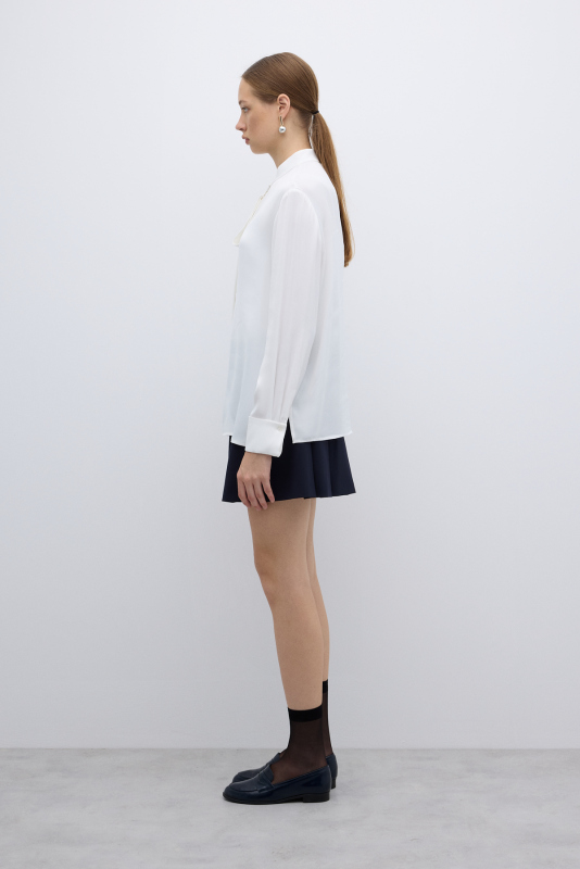 Kendinden Fularlı Hakim Yaka Gömlek Ekru - 5