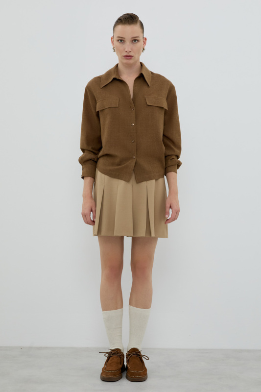 %100 Yün Süs Cep Kapaklı Gömlek Kahve - 3