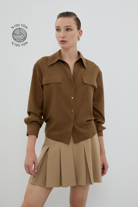 %100 Yün Süs Cep Kapaklı Gömlek Kahve - 1