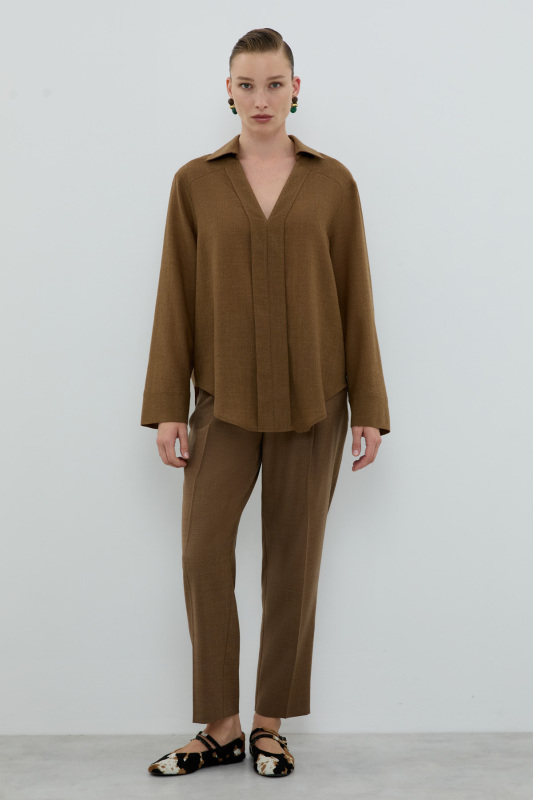 %100 Yün V Yaka Pili Detaylı Gömlek Kahve - 3