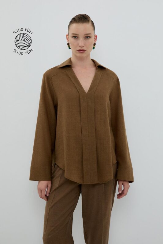 %100 Yün V Yaka Pili Detaylı Gömlek Kahve - 1