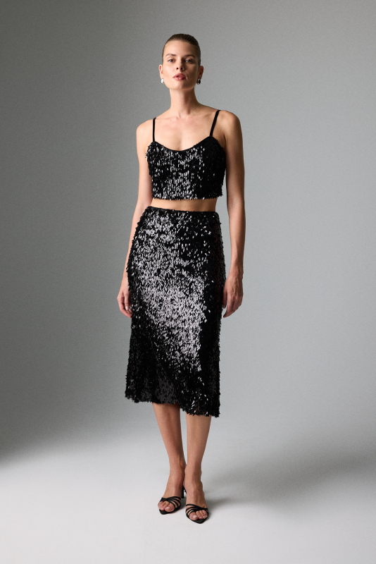 Beli Lastikli Midi Boy Payet Etek Siyah - Roman