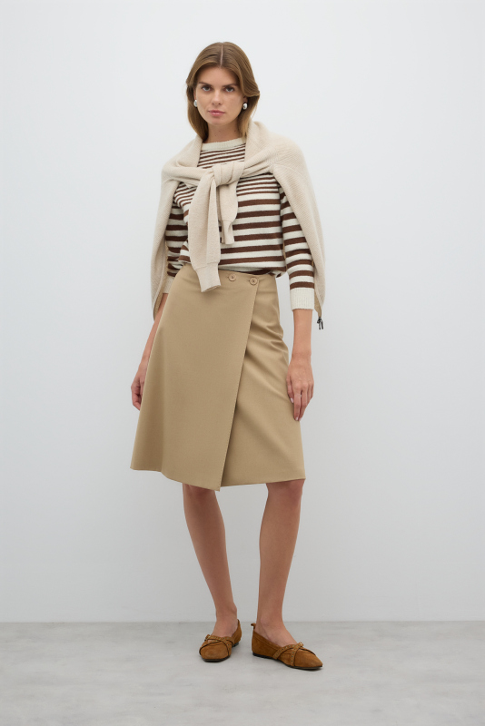 Yün Karışımlı Kruvaze Midi Boy Etek Bej - Roman