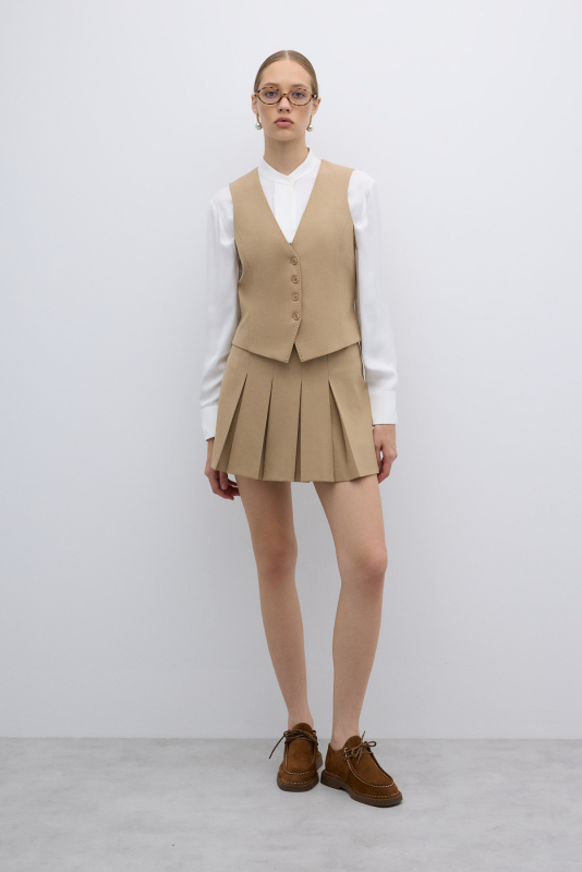 Yün Karışımlı Pileli Mini Etek Bej - Roman