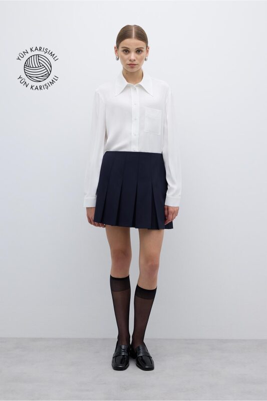 Yün Karışımlı Pileli Mini Etek Lacivert - 1