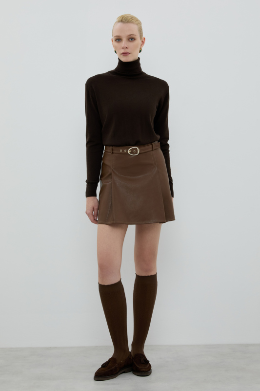 Beli Kemerli Mini Etek Kahve - 1